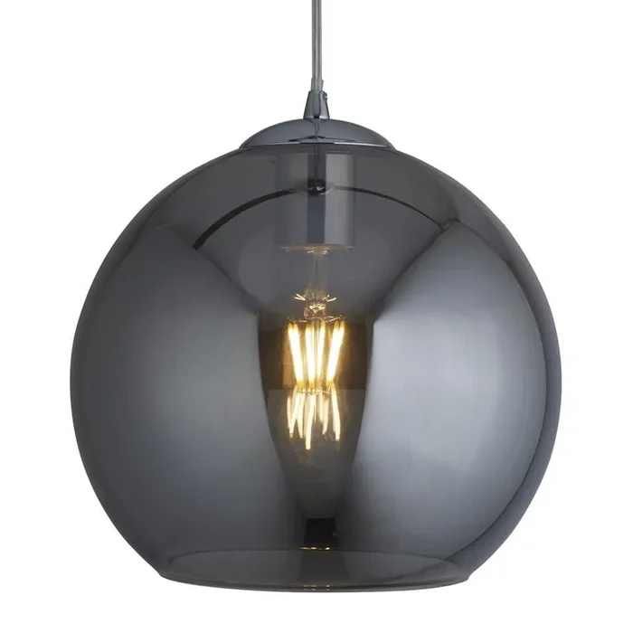 Abverkauf Hängelampe E27 D: 25 cm Chrom Rauchgrau Glas Metall