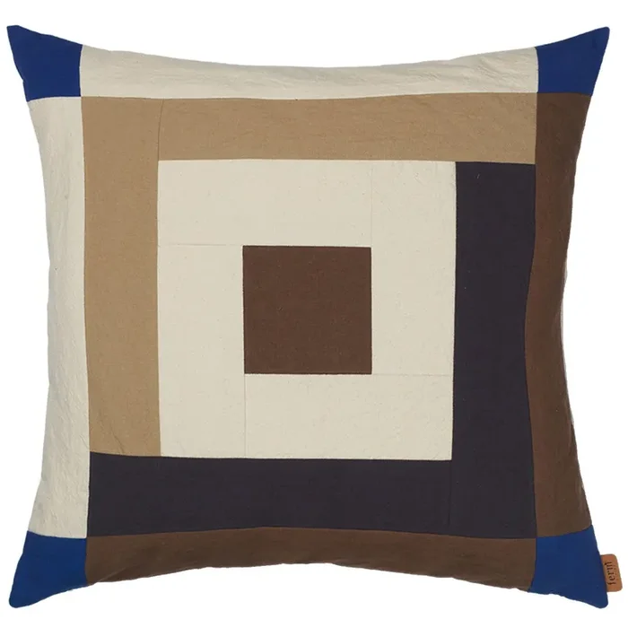 Exklusiv Border Patchwork Kissen 50×50 cm, Carob Brown / Clear Blue