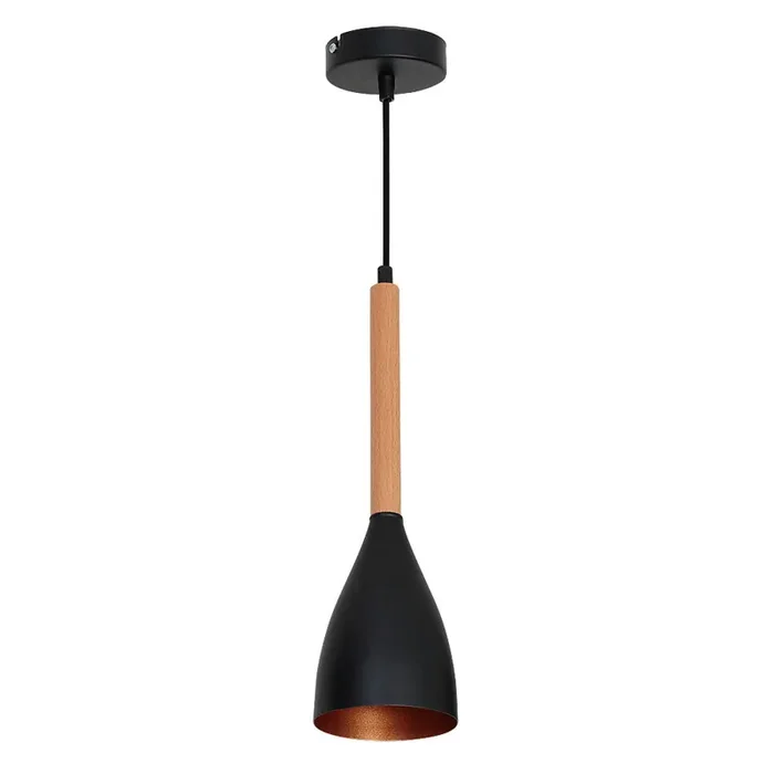 Zertifiziert Schlanke Hängelampe Schwarz Metall Holz Ø11cm MUZA